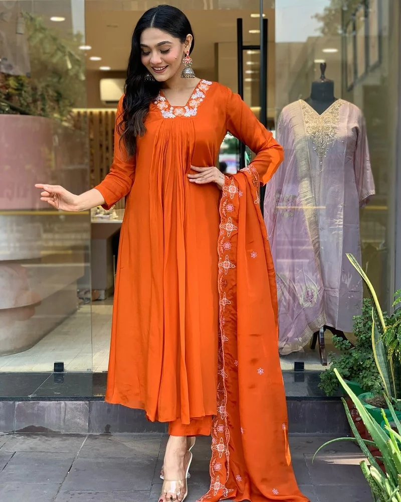 GoSriKi  GoSriKi Women's Rayon Blend Anarkali Thread Work Kurta with Pant & Dupatta (ASHVTHAMA Orange-GS_3XL_Orange_XXX-Large) for Women | Best Price UAE